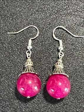 Pink Agate Round Gemstone 925 Silver Wire Back Drop Earrings